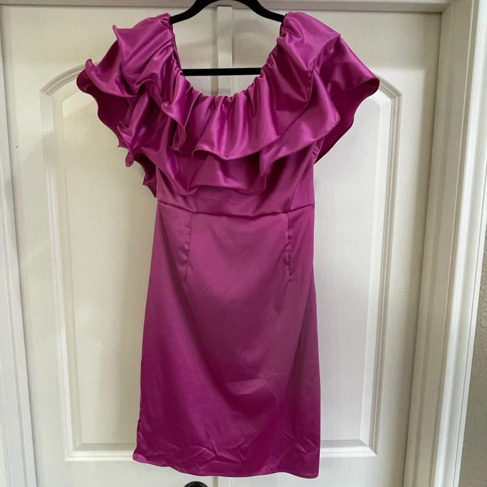 Pink Asymmetrical Neck Ruffle Trim Dress - Picture 3 of 6